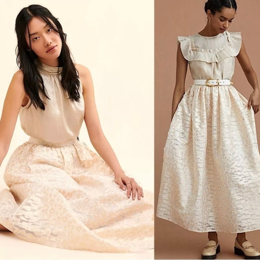 Anthropologie Pankaj & Nidhi Burnout gold cream Metallic Maxi full Skirt Small